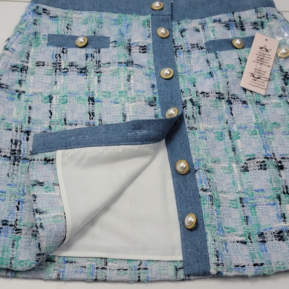 Nanette Lepore Tweed Skirt Women’s Size S Pearl Button Lite Blue Multi Plaid New - Picture 7 of 12